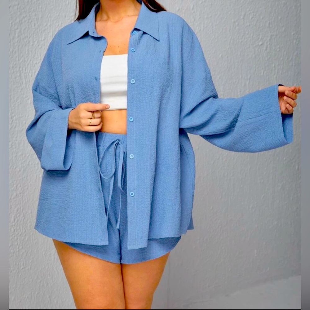 (NWOT) Blue Button-Up Shirt and Shorts Set